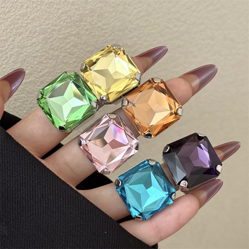 Square Large Rhinestone Exaggerated Statement Ring for Women Sparkling Thick Chunky Geometric Big Crystal Stone Finger Knuckle Band Rings Open Adjustable Wedding Brides Cocktail Prom Party Jewelry - color: Pink