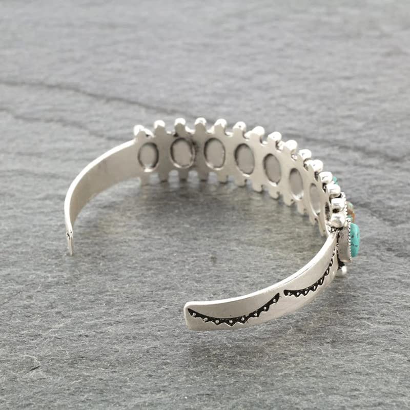 COLORFUL BLING Bohemian Turquoise Engraved Cuff Bracelet Natural Stone Adjustable Wrap Bangle Western Style Gemstone Boho Jewelry for Women - color: Green