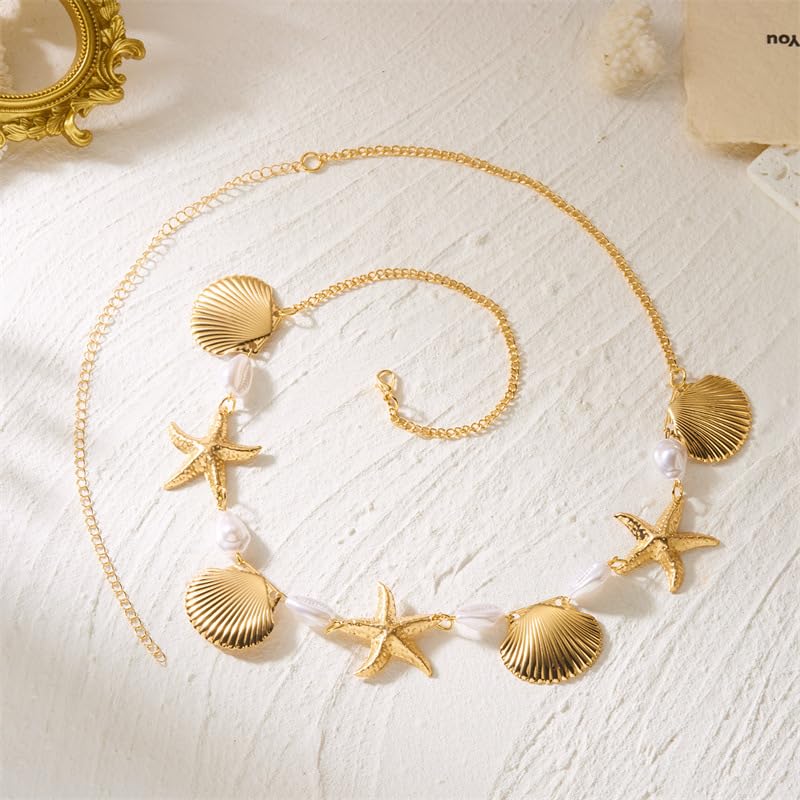 Gold Starfish Waist Chain Belt for Women Pearl Starfish Shell Mermaids Belly Chains Layered Boho Flower Belt Chains Sex Bikini Body Chain Mermaids Costume Accessories Summer Beach Jewelry - style: Starfishes SeaShell