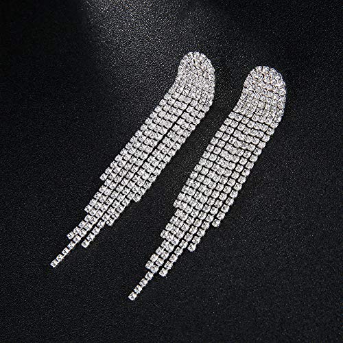 Mlouye 3.3"L Rhinestone Earrings Dangling Long Fringe Crystals Chandelier Dangle Drop Earrings for Women - color: 1-Pierced-Silver Clear