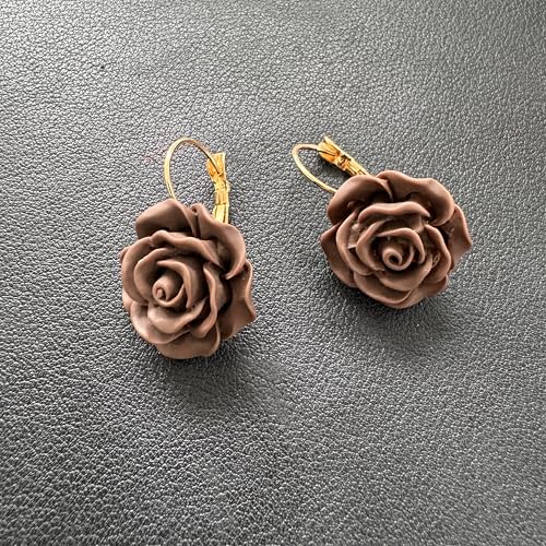 Handmade Bohemian Aesthetic Dainty Acrylic Flower Petal Leverback Earrings Sparkly 14K Gold Floral Dangle Drop Earrings for Women - color: Brown