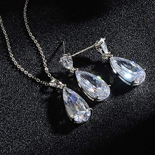 Wedding Jewelry Set for Bridesmaids - Sterling Silver Teardrop CZ Crystal Cubic Zirconia Rhinestone Diamond Bridal Necklace Earrings Set for Bride Mother of Bride Party Prom Birthstone Costume Jewelry - color: Apr-Diamond