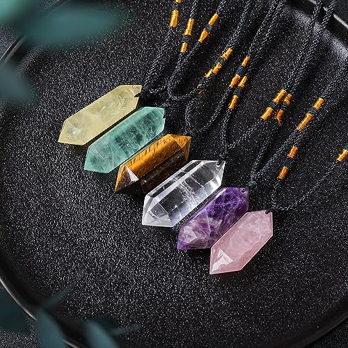 Runyangshi Rose Quartz Healing Crystal Pendants, Double Pointed Natural Crystal Quartz Necklace 6 Faceted Chakra Crystal Wand Stone - color: Rose Quartz