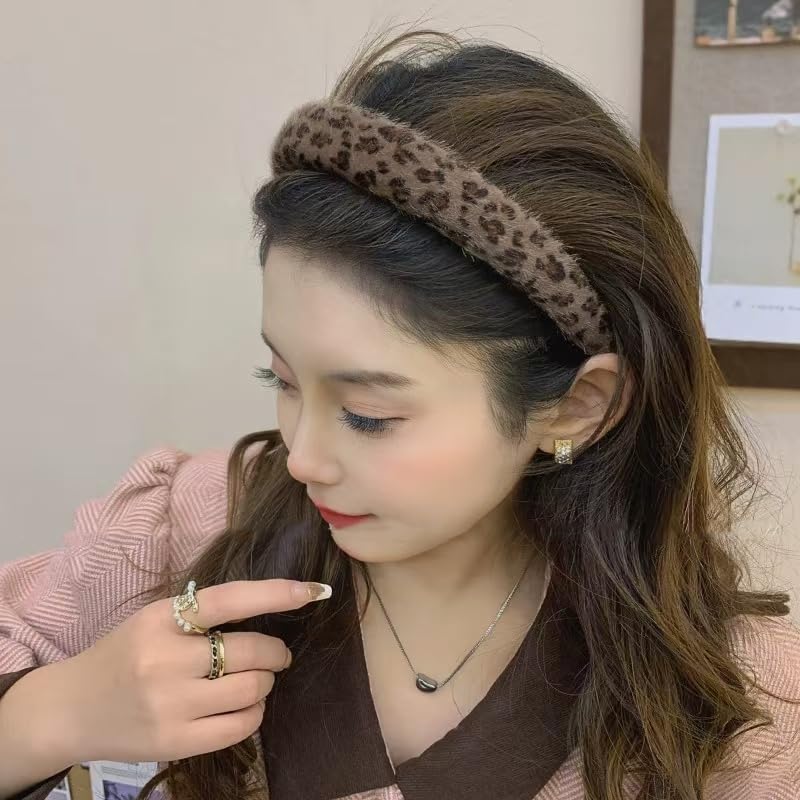 Guqqeuc Leopard Puffy Headband Wide Padded Headband for Women Girls Leopard Print Headbands for Women Cheetah Hairband Brown Sponge Headband for Long Short Hair Accessories