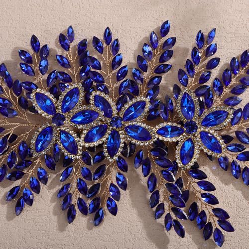 Teyglen Large Full Rhinestone Headband Flower Crystal Bride Wedding Headband Hair Vine Bridal Rhinestone Headpiece Wedding Hair Accessories for Women Party Prom (Blue) - color: Blue