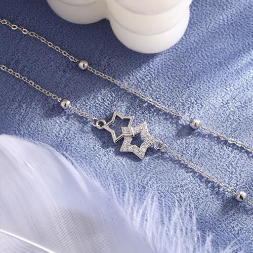 kelistom 925 Sterling Silver Bracelets for Women Teens, Love Heart Charm Chain Bracelet Bangle Fashion Jewelry Gifts - color: Double star-white