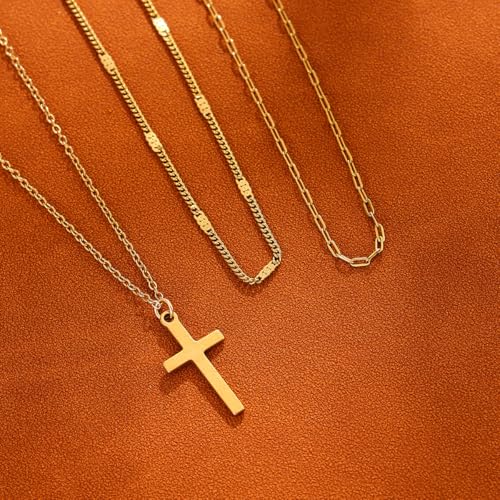 Cross Necklace for Women Dainty Layered Stainless Steel Silver Chain Necklace Stack Trendy Charm Pendant Necklaces Jewelry Set - color: Gold