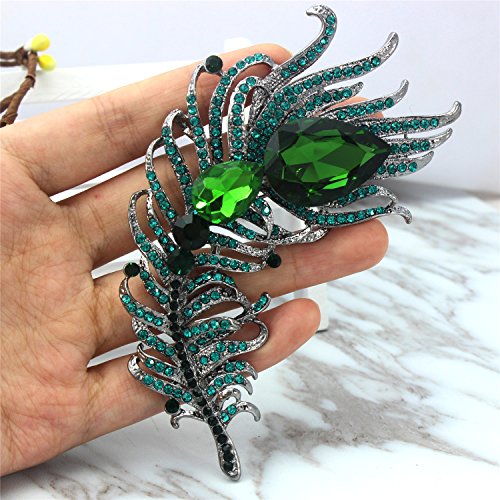 SELOVO 4.2in Big Large Statement Scarf Hats Decoration Green Feather Pin Brooch Black Tone