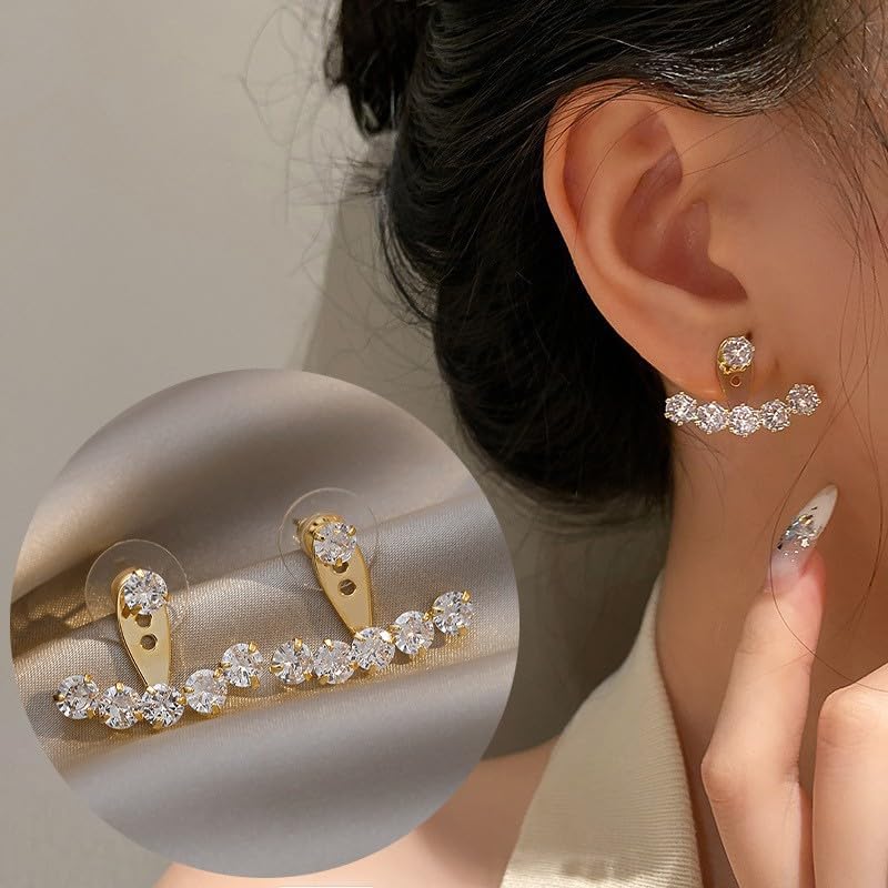 Rhinestone Star Jacket Statement Earrings for Women,14K Gold Cubic Zirconia Climber Stud Jewelry Party Prom Fashion Cartilage Earring Gifts - style: AA