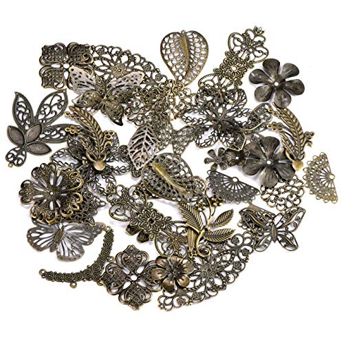 100g Antique Bronze Filigree Connectors Charms Pendants Findings Iron Metal Embellishments for DIY Hairpin Headwear Earring Jewelry Making, Nickel Free (Antique Bronze) - color: Antique Bronze
