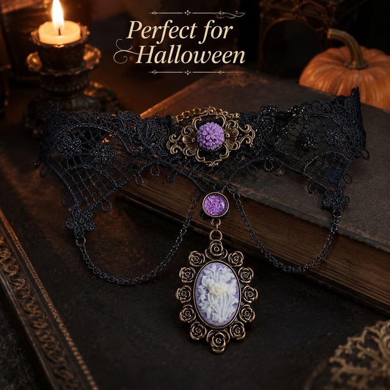 Gothic Lace Choker Necklace for Women Victorian Cameo Pendant Black Floral Collar Jewelry Halloween Costume Accessory Fashion Gift