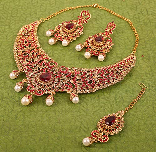 Touchstone Indian jewelry sets for women tikka wedding necklace costume guest statement bollywood rhinestones crystal faux pearls gold big royal neck piece set bridal fashion accessories - color: Red