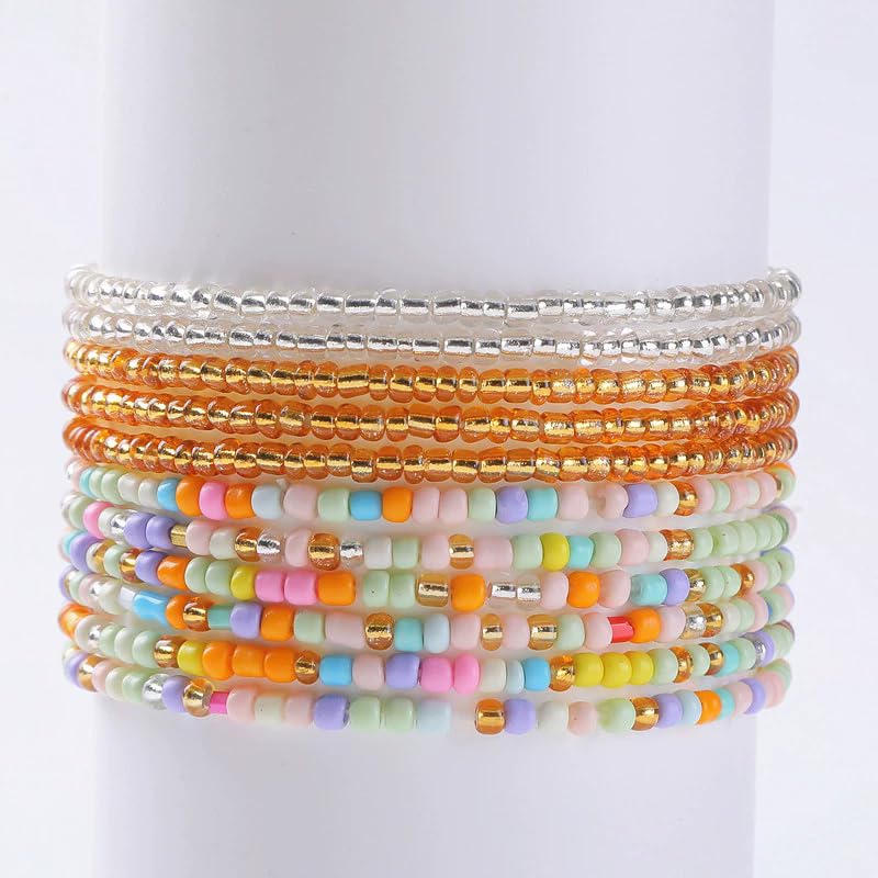8-20Pcs Colorful Bohemia Seed Beaded Bracelets Handmade Adjustable Stackable Rainbow Beads Stretch Bracelets Anklet Multilayer Vacation Elastic Bangle for Women Summer Beach Boho Jewelry Gift - style: 11pcsA