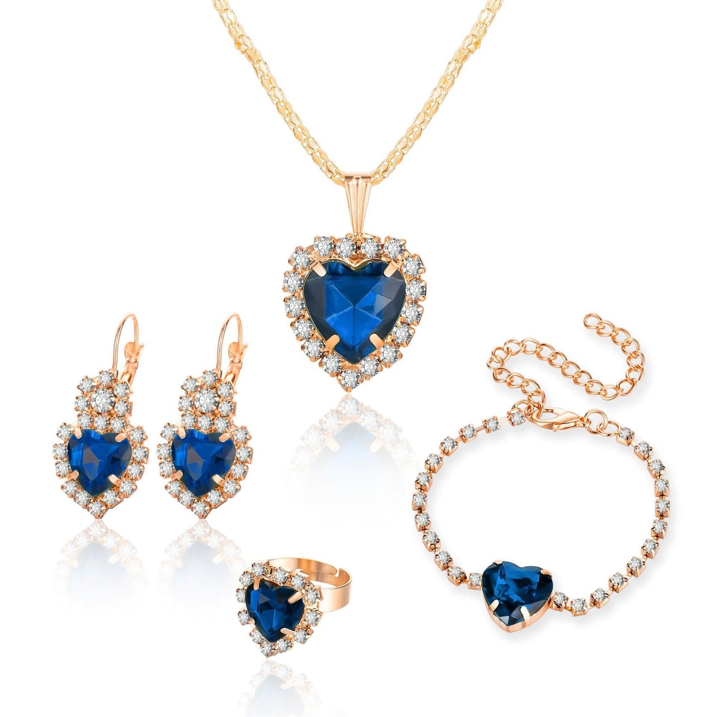 MALOYANVE 4PCS Crystal Heart Jewelry Set Glitter Gold Cubic Zirconia Love Heart Pendant Necklace Lightweight Hoop Earrings Bangle Bracelet Adjustable Open Ring Prom Wedding Jewelry for Women - color: Dark Blue
