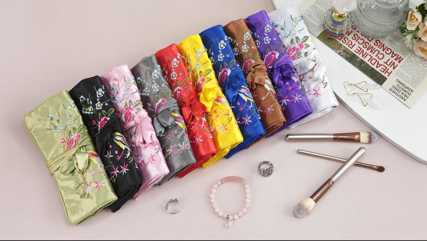 TUMBEELLUWA Embroidery Travel Jewelry Bag Roll Embroidered Flower and Bird Brocade Organizer with Tie Close - color: #7 Purple