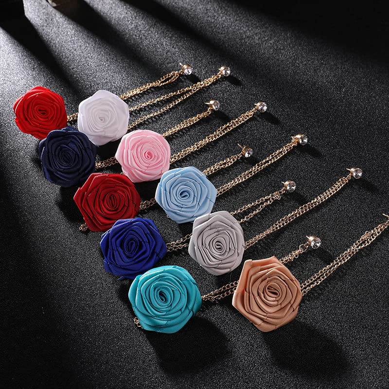 Bridegroom Wedding Brooch, Rose Flower Brooch Lapel Pin Badge Tassel Chain for Men Suit Accessories, Cloth Art Handmade Jewelry - color: Blue Navy