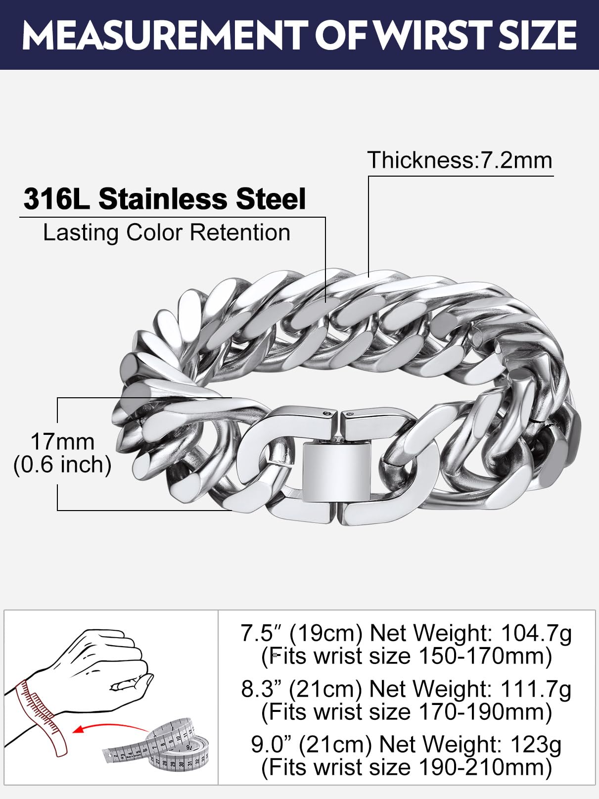 Bandmax Cuban Bracelets for Men, Stainless Steel Link, 8/12/17mm Width | 7.5"/8.3"/9" Length, Miami Thick Hand Wristlet Chain, Steel/Black/Gold Tone, Hip Hop Waterproof Jewelry with Gift Box - color: Steel