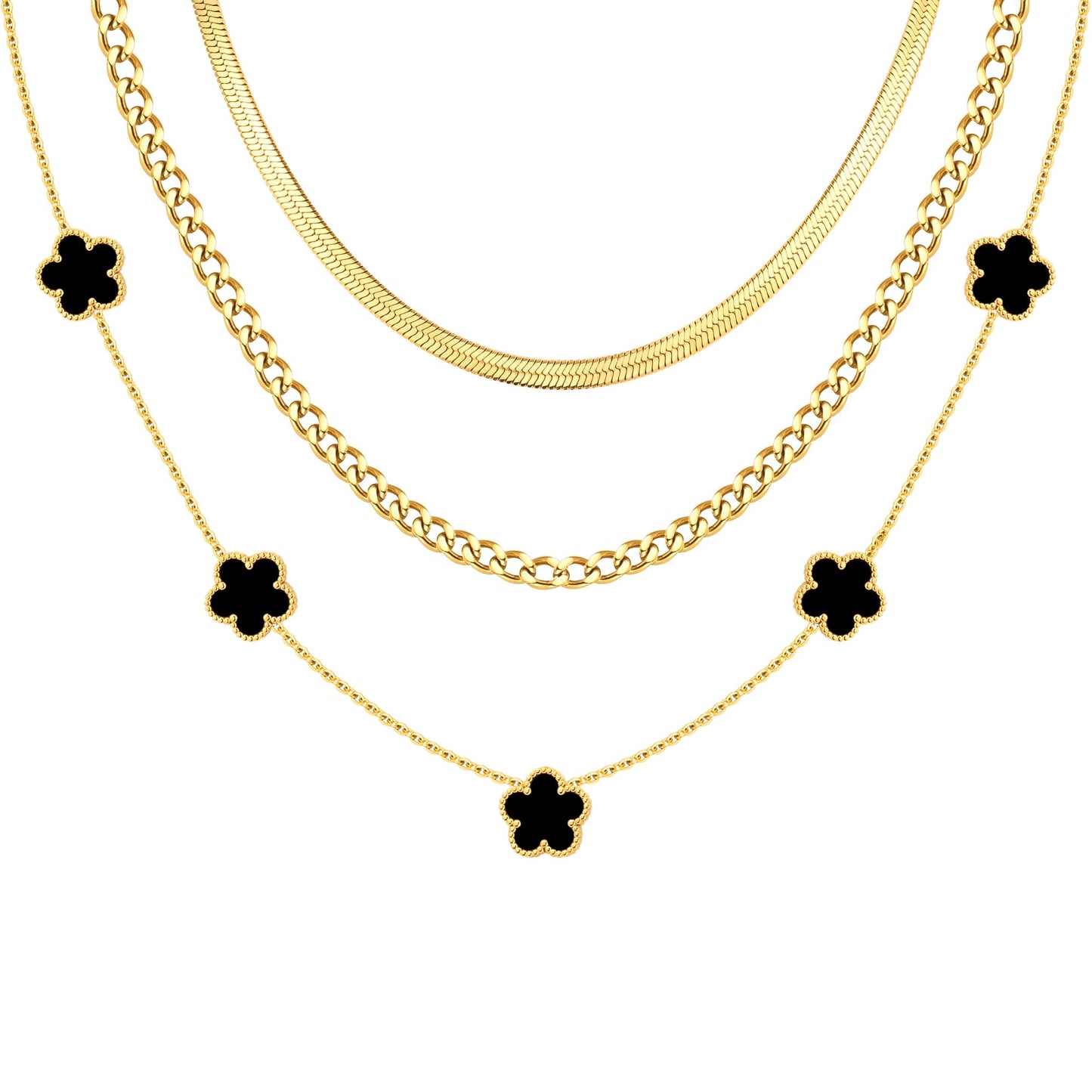 MPRAINBOW Gold Layered Necklace for Women - 3Pcs 18K Gold Plated Floral Necklaces, Stainless Steel Stackable Cuban Link Chain Non Tarnish Trendy Jewelry, Herringbone Chains Christmas Birthday Gifts - color: Black