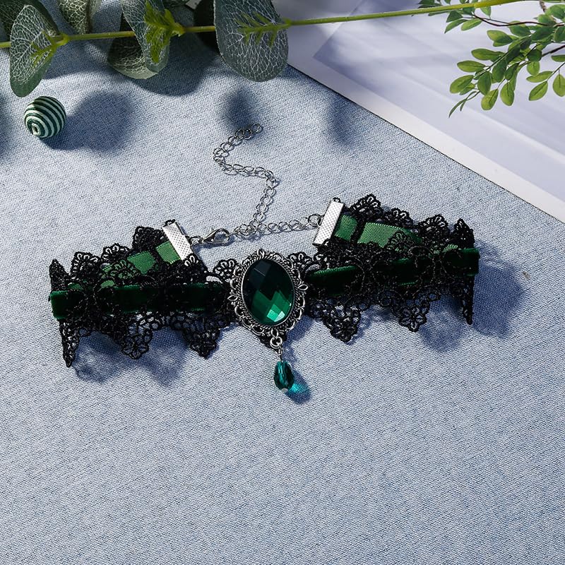 CSIYANJRY99 Gothic Choker Necklace for Women Halloween Red Crystal Vampire Choker Steampunk Lace Choker Witch Costume Accessories - style: Green