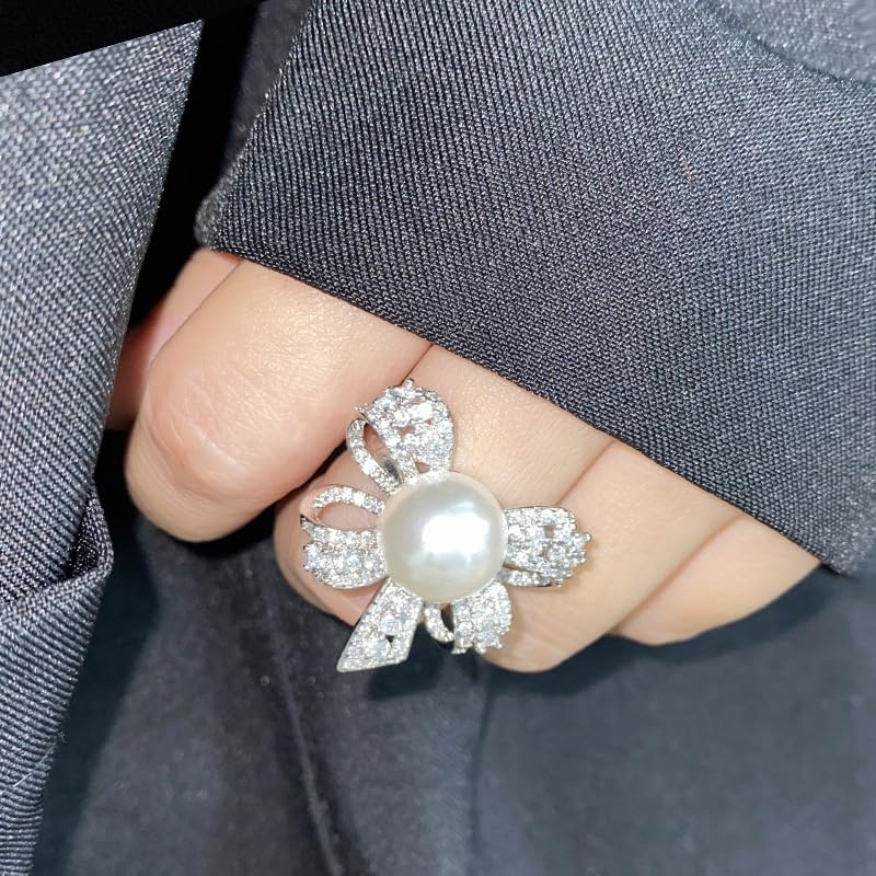 Elegant Bow Knot Pearl Rings for Women Rhinestone Cz Crystal Butterfly Tie Stacking Promise Bow Knot Pearl Rings Adjustable Open Promise Engagement Rings Anniversary Wedding Band Jewelry s