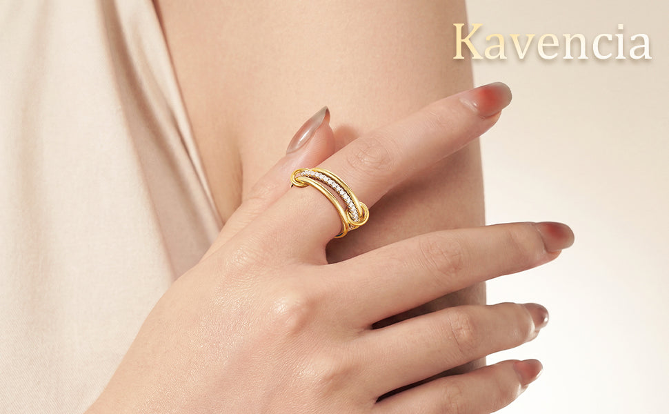 18K Gold Plated Stackable Rings for Women, 3 Stacked Mixed Metal Ring Set, Gold & Silver Interlocking Bands with Cubic Zirconia, Waterproof Statement Ring - color: *Pavé Zircon