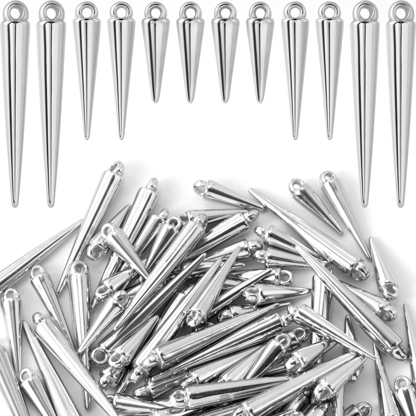 Cone Charm, Punk Style Spike Pendants with Small Hole, Glossy Gothic Dangle Cone Pendants Charm - color: Silver, 100pcs
