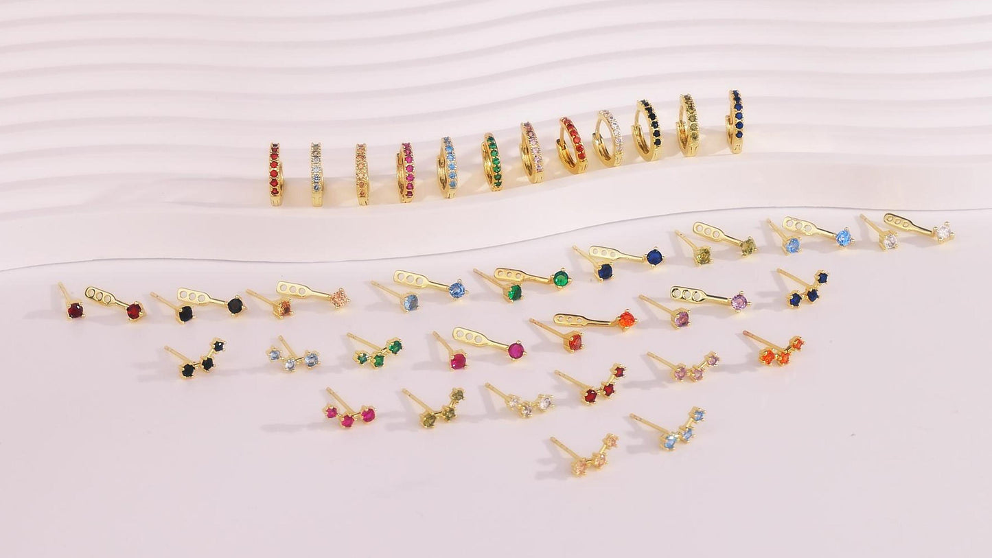 3 Pairs Dainty Small Earrings Set for Women Trendy, Birthstone Stud Huggie Hoop Jacket Stack for Cartilage Helix, Gold Plated Hypoallergenic Cute Women Fashion Accessories Western Jewelry Gifts - color: 09Blue Created Sapphire-Sept (Gold)