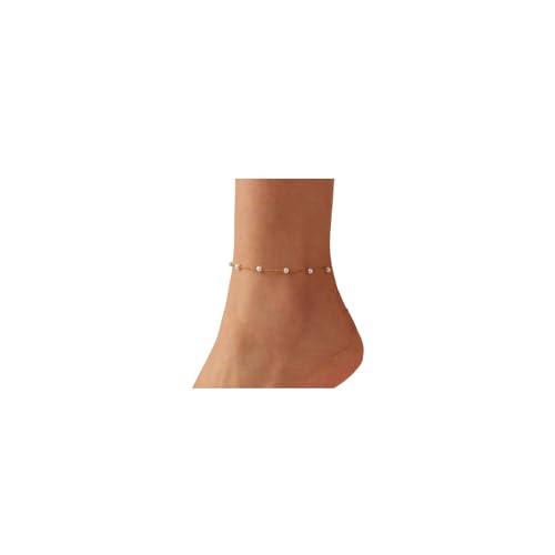 NONAMOIS Ankle Bracelets for Women Dainty 18K Gold Plated Anklet Waterproof Round Beaded Paperclip Herringbone Pearl Chain Anklets Waterproof Beach Foot Jewelry - color: Pearls-Gold