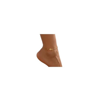 Ankle Bracelets for Women, 18K Gold Plated Dainty Waterproof Cross Anklets, Pearl Beaded Link Chain Anklet for Women Non Tarnish, Summer Beach Foot Jewelry, Christmas Gifts - color: Colorful Beads Cross-Gold