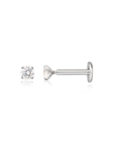 limerencia G23 Hypoallergenic 18g Flat Back Stud Earrings | F136 Implant Grade Titanium Pressfit Threadless Push Pop in Cartilage Helix Labret Lip Monroe Tragus Flat Back Piercing Studs - color: 2mm White CZ Silver