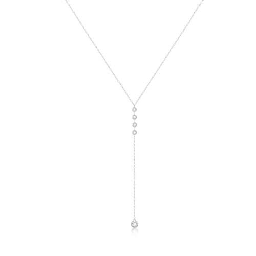 Zeffy Lariat Gold Necklace for Women, Dainty Long Necklace 14k Gold/Silver Plated Layered CZ Beaded Bar Chain Y-Shaped Body Chain Stack Drop Wedding Necklace Trendy Simple Gold Jewelry Gifts - color: Silver CZ Y Necklace(1PCS)