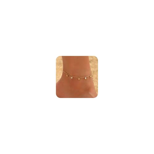 18K Gold Plated Waterproof Summer Beach Ankle Bracelets for Women | Starfish Sea Shell Pearls CZ Diamond Dangle Anklets - style: Starfish CZ Drop-Gold