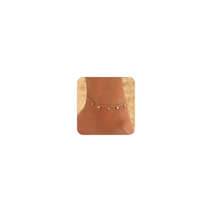 18K Gold Plated Waterproof Summer Beach Ankle Bracelets for Women | Starfish Sea Shell Pearls CZ Diamond Dangle Anklets - style: Starfish CZ Drop-Gold