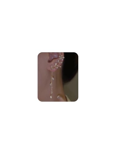 2PCS Flower Tassel Zircon Earrings Ear Cuffs No Piercing Flower Climber Wrap Around Earrings Pearl Drop Earrings for Women Fairy Ear Clip Dainty Wedding Earrings for Brides - color: Style 2 - Gold