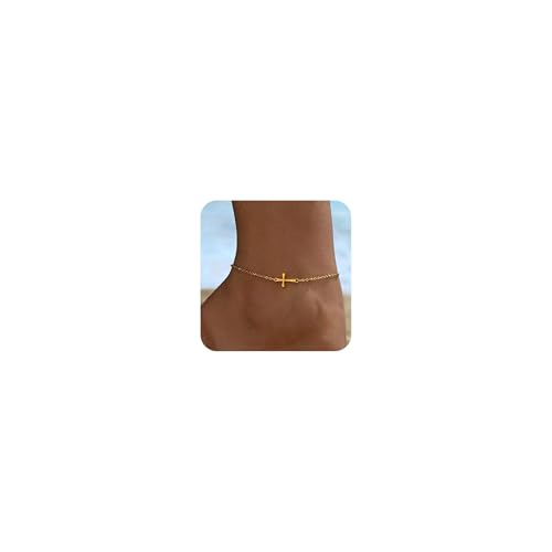 Ankle Bracelets for Women, 18K Gold Plated Dainty Waterproof Cross Anklets, Pearl Beaded Link Chain Anklet for Women Non Tarnish, Summer Beach Foot Jewelry, Christmas Gifts - color: Bead Cross-Gold