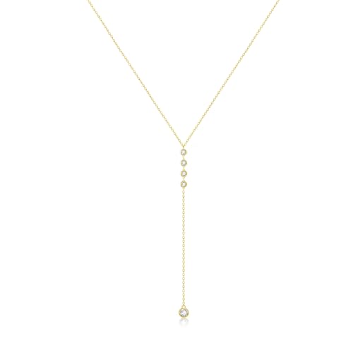 Zeffy Lariat Gold Necklace for Women, Dainty Long Necklace 14k Gold/Silver Plated Layered CZ Beaded Bar Chain Y-Shaped Body Chain Stack Drop Wedding Necklace Trendy Simple Gold Jewelry Gifts - color: Gold CZ Y Necklace(1PCS)