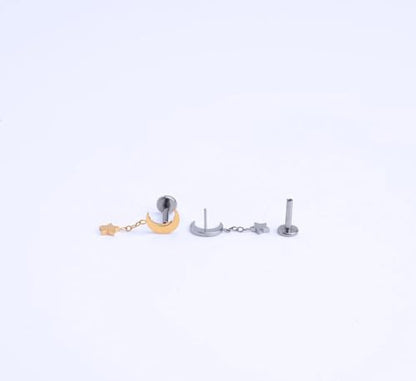 20G/18G/16G Flat Back Earrings Tiny Nose Stud, Cartilage Earring Threadless Tragus Helix Stud Conch Piercing Jewelry - color: Dangle(gold 2pcs), size: 16 gauge (1.2mm post)