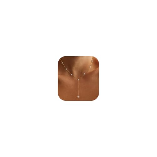 Long Gold Necklace For Women,Dainty Lariat Y Necklace 14K Gold Plated Cute Cubic Zirconia Lariat Necklaces Trendy Simple Statement Rhinestone Choker Necklaces Summer Jewelry - color: Gold-style 1