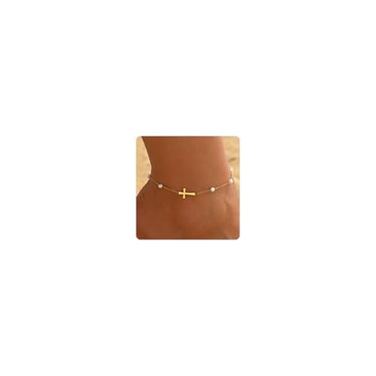 Cross Anklets for Women, 18K Gold Plated Dainty Ankle Bracelets with Colorful Beads Pearl Anklet, Adjustable Religious Christian Satellite Cross Chain, Waterproof Boho Summer Beach Jewelry - style: Pearl Cross Anklet-Gold