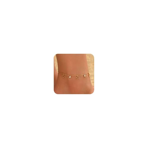 18K Gold Plated Waterproof Summer Beach Ankle Bracelets for Women | Starfish Sea Shell Pearls CZ Diamond Dangle Anklets - style: Star CZ Drop-Gold