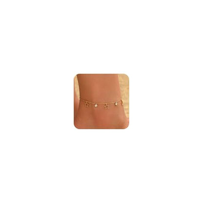 18K Gold Plated Waterproof Summer Beach Ankle Bracelets for Women | Starfish Sea Shell Pearls CZ Diamond Dangle Anklets - style: Star CZ Drop-Gold