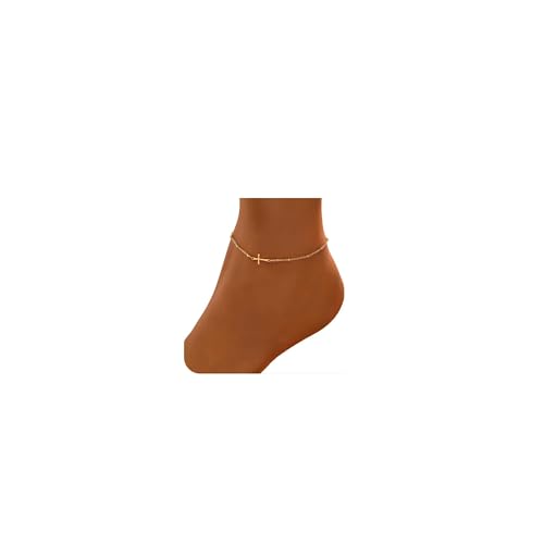 Dainty Ankle Bracelets for Women 18K Gold Plated Waterproof | Satellite Beaded Herringbone Lip Chain Anklets Simple Minimalist Summer Beach Foot Jewelry, Gift Box Included - color: Satellite Cross-Gold