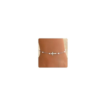 Cross Anklets for Women, 18K Gold Plated Dainty Ankle Bracelets with Colorful Beads Pearl Anklet, Adjustable Religious Christian Satellite Cross Chain, Waterproof Boho Summer Beach Jewelry - style: Pearl Cross Anklet-White Gold
