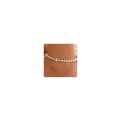 Cross Anklets for Women, 18K Gold Plated Dainty Ankle Bracelets with Colorful Beads Pearl Anklet, Adjustable Religious Christian Satellite Cross Chain, Waterproof Boho Summer Beach Jewelry - style: Multi Pearls Cross-White Gold