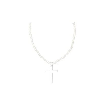 Small Dainty Cross Necklace Pendant Bohemian Turquoise Seed Bead Beaded Necklace Choker for Women Men Faith Jewelry Gift - color: 02 Silver