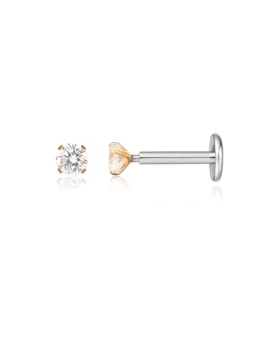limerencia G23 Hypoallergenic 18g Flat Back Stud Earrings | F136 Implant Grade Titanium Pressfit Threadless Push Pop in Cartilage Helix Labret Lip Monroe Tragus Flat Back Piercing Studs - color: 2mm White CZ Gold
