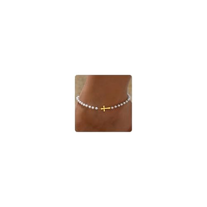 Cross Anklets for Women, 18K Gold Plated Dainty Ankle Bracelets with Colorful Beads Pearl Anklet, Adjustable Religious Christian Satellite Cross Chain, Waterproof Boho Summer Beach Jewelry - style: Multi Pearls Cross-Gold