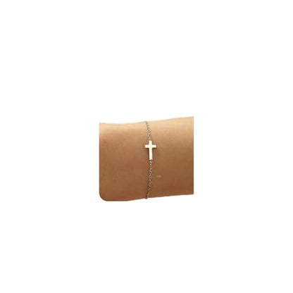 18K Gold Plated Pearl Beaded Cross Bracelets for Women Adjustable Stainless Steel Dainty Thin Gold Box Cuban Twisted Link Chain Bracelet Bridesmaid Jewelry Gifts - color: Tiny Cross-White Gold