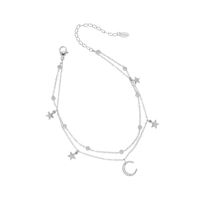 Layered Star and Moon Anklet for Women Waterproof Titanium Steel | Adjustable Gold/Silver Ankle Bracelet for Everyday Wear, Shower Safe Celestial Jewelry Gift, Dainty Summer Beach Foot Jewelry - color: Silver