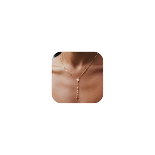 Lariat Necklaces for Women - Dainty Long Necklace Trendy 14K Gold Plated Hypoallergenic Layered Long Y-Shape Sunburst CZ T-Bar Pendant Drop Chain Necklace Set for Women Non Tarinsh Jewelry - style: Y-shaped chain of the Virgin Mary